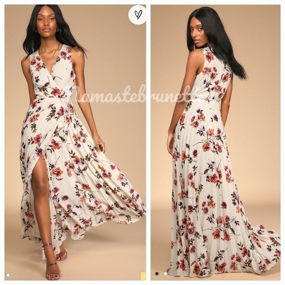 Lulus Dresses & Skirts - Nwt Lulu's Small Boho Ivory Multi Floral Print Pleated Wrap Maxi Dress